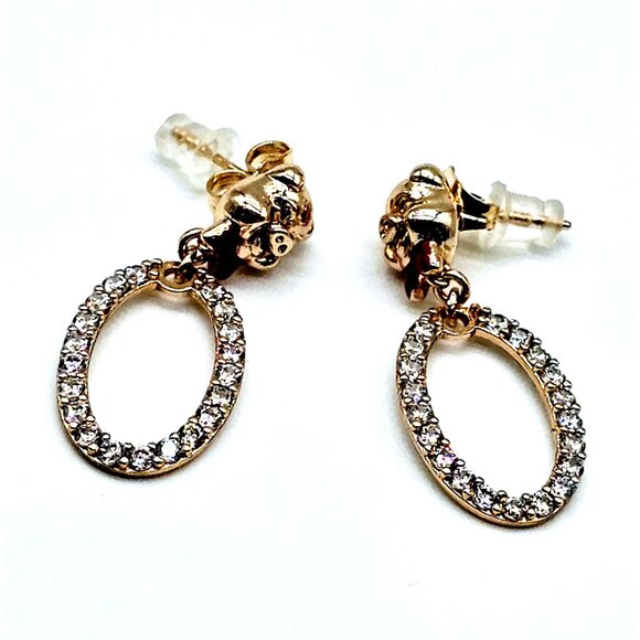 Whimsical Pig Face Rhinestone Hoop Earrings – Gold Tone with Red Bow Tie - Picture 4 of 9